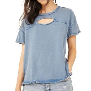 Free People We the Free Cutout Boxy Blue Cotton T-Shirt Size S Streetwear Boho